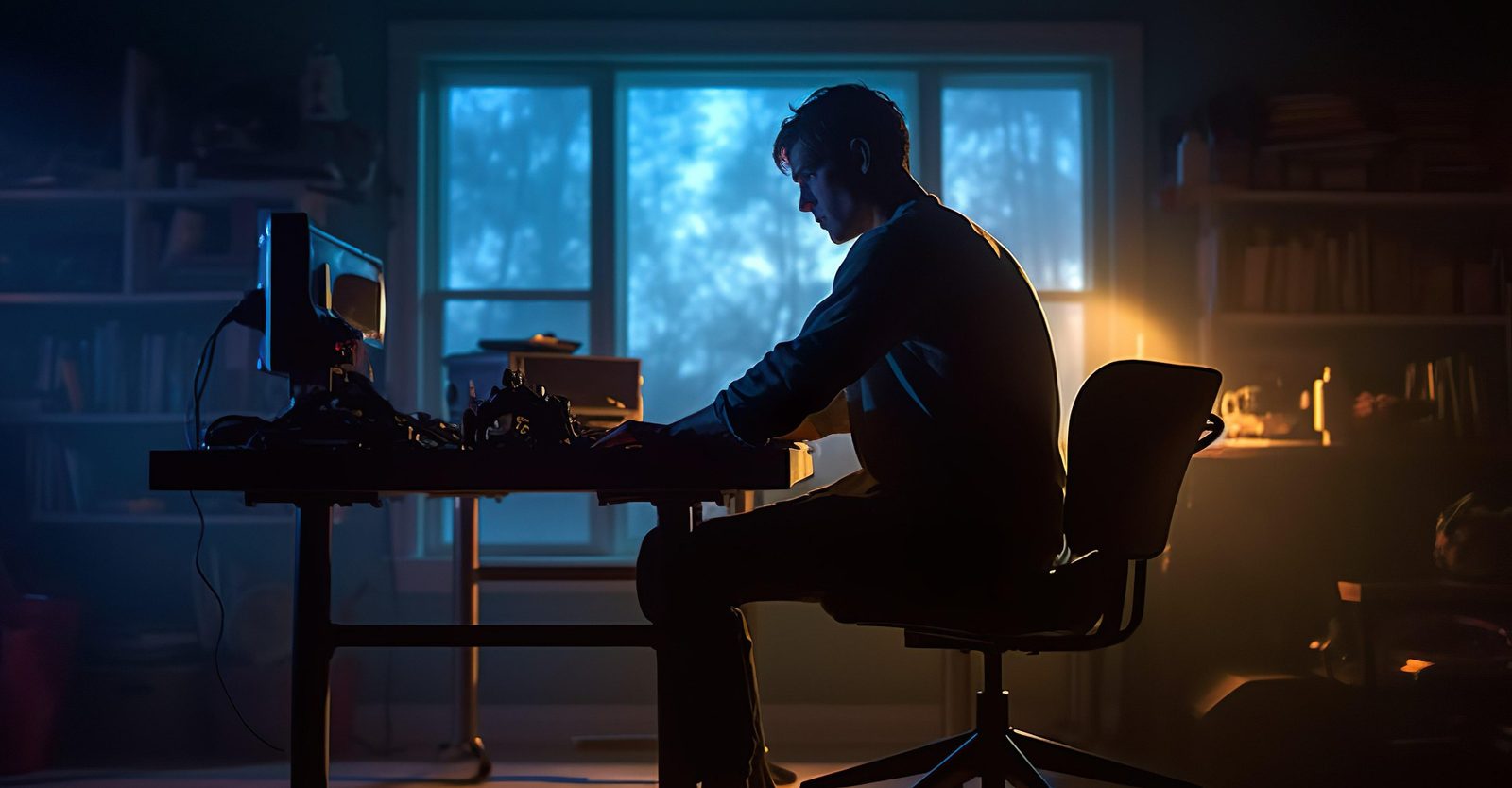 A man working alone at his computer late at night