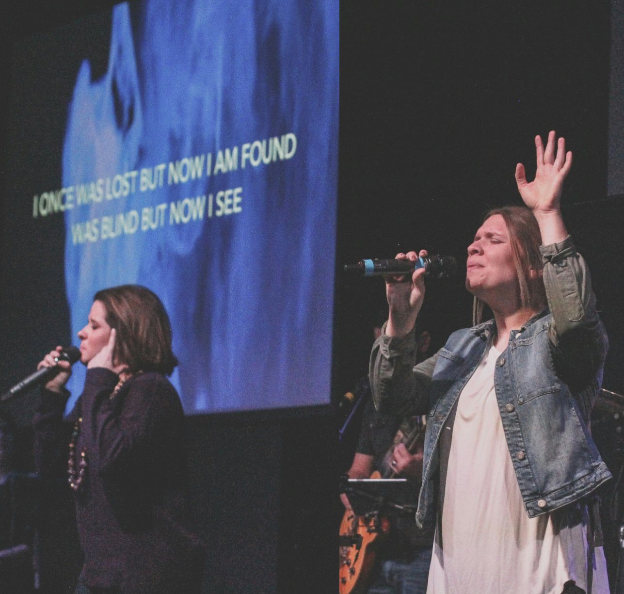 Worship leaders singing with a hand raised, lyrics behind them read I once was lost but now I am found